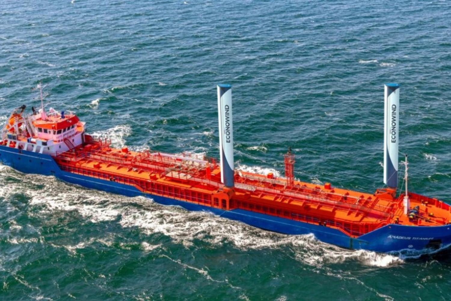The liquid coaster "Amadeus Titanium" belonging to HGK Shipping's subsidiary Amadeus Schiffahrts- und Speditions GmbH is set to be equipped with retrofitted VentoFoils and will soon operate in short-sea shipping for Covestro. Photo: De Bock Maritiem B.V.
