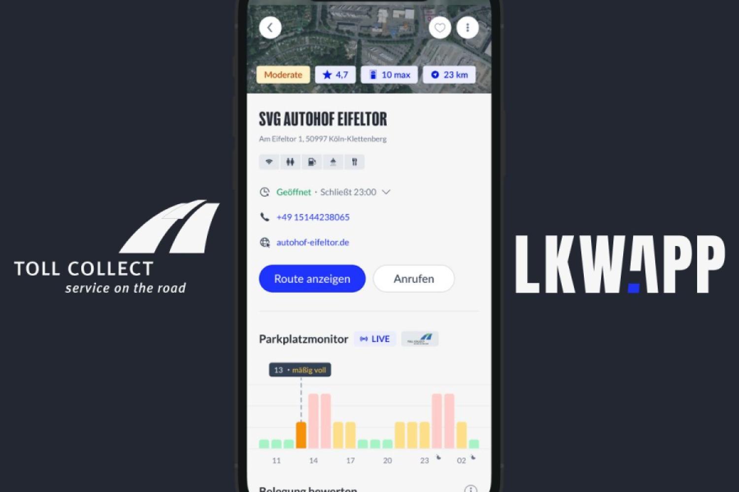 Opracowana przez Aparkado aplikacja pokazuje teraz również bieżące zapełnienie około 1.000 miejsc parkingowych na autostradach w Niemczech - do 31.12.2025 planowane jest stopniowe dodanie kolejnych 900 miejsc postojowych. (Foto: Aparkado)