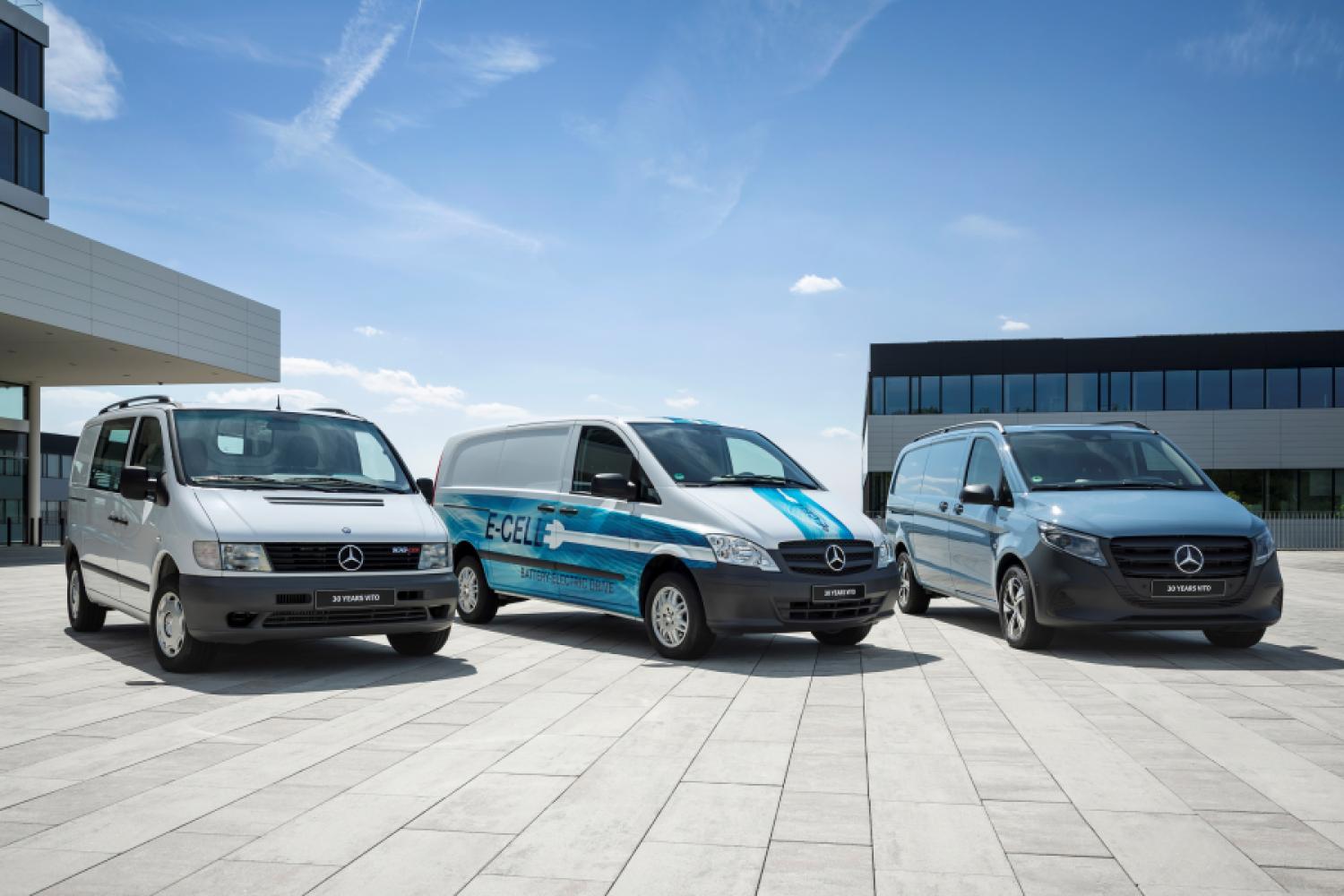 30 years of Vito (f.l.t.r.): The Vito of the 1st generation, Vito E-CELL, and eVito. | Image: Mercedes-Benz
