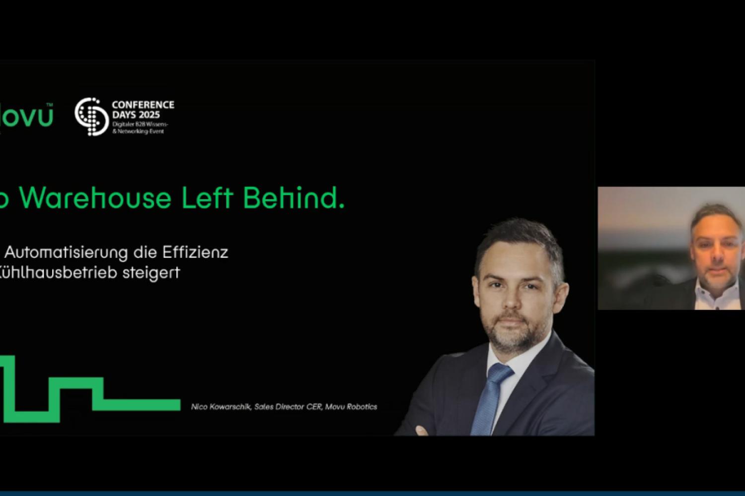 Nico Kowarschik, Sales Director CER at Movu Deutschland GmbH, reported on automation solutions for cold storage logistics at the CONFERENCE DAYS 2025. (Screenshot: HUSS-VERLAG)