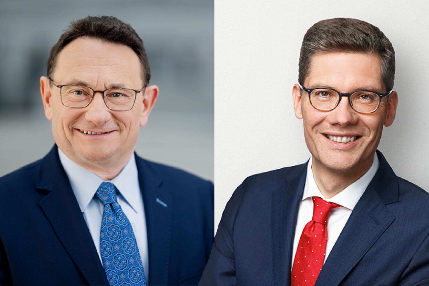 Ulrich Lange (left) and Christian Hirte are Parliamentary State Secretaries in the Federal Ministry of Transport. (Photo: Tobias Koch/Montage: HUSS-VERLAG)
