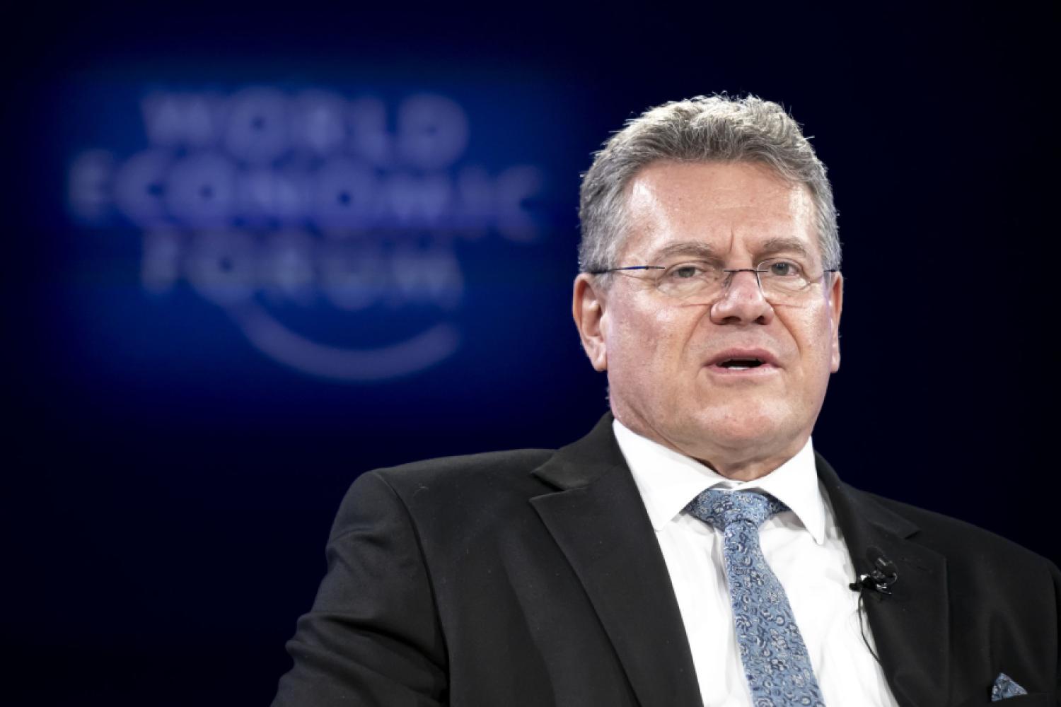 Maros Sefcovic, EU Commissioner for Trade and Economic Security, speaks on January 23 at a panel discussion during the 55th Annual Meeting of the World Economic Forum (WEF) in Davos. (Photo: Laurent Gillieron/KEYSTONE/dpa)