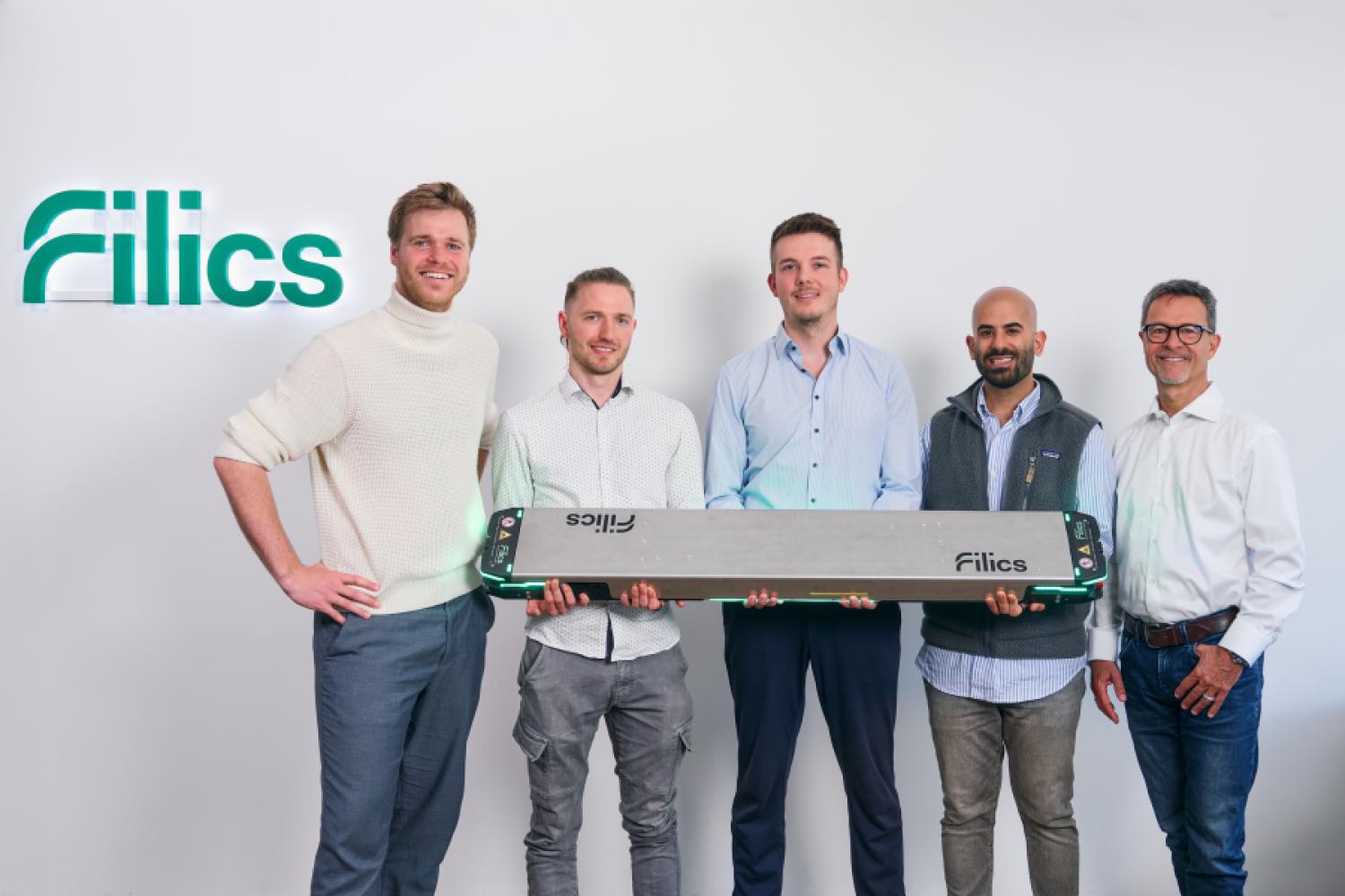 The Filics management team: Julius Lutzer (CPO), Markus Weber (CTO), Gregor Kolls (CEO), Seyed Behbahani (Chief of Staff), Helmut Schmid (CCO). (Image: Filics)