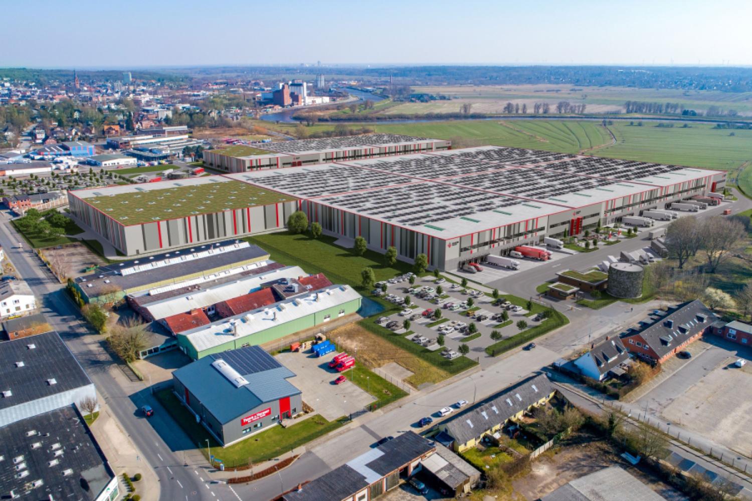 Frasers Property Industrial ha adquirido un terreno de 184.700 metros cuadrados en Itzehoe, donde se construirán 100.000 metros cuadrados de espacios logísticos multifuncionales. Abajo se muestra una animación. (Imagen: Frasers Property Industrial)