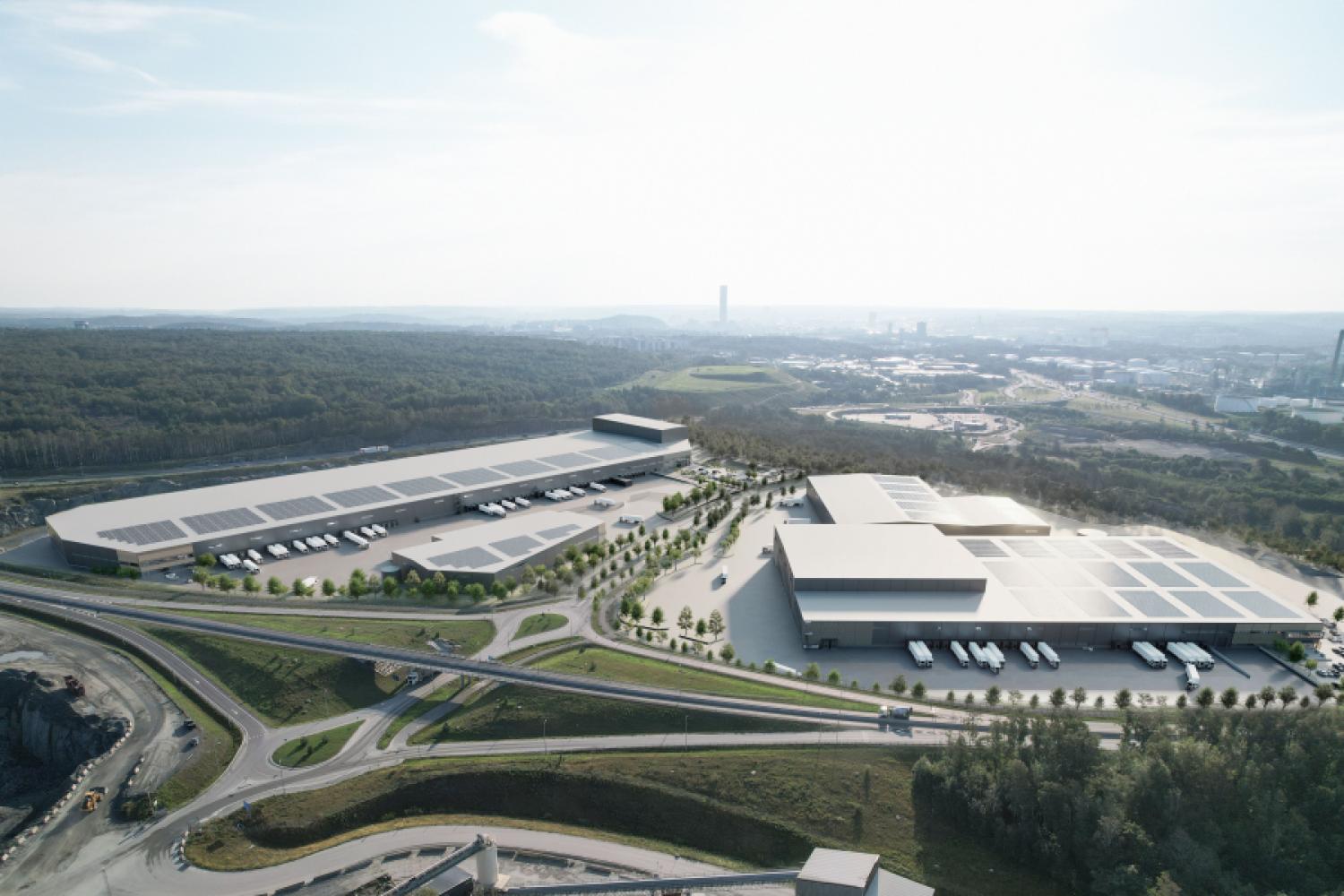 Koncepcja wizualizacji Halvorsäng Logistics Park, który jest obecnie rozwijany w niewielkiej odległości od portu w Göteborgu. Pierwszy najemca ma się wprowadzić w 2026 roku. Foto: Castellum/Port w Göteborgu.