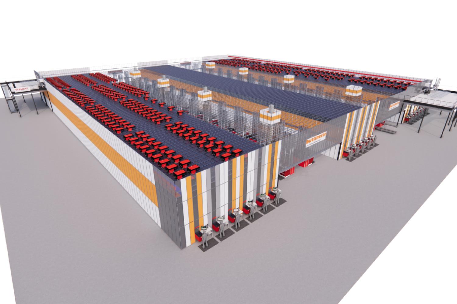 On an area of 33,000 square meters, a modern logistics center for the Buttinette textile mail-order company is being built in Wertingen with investments in the multi-million Euro range. Here is an animation. (Image: Element Logic)