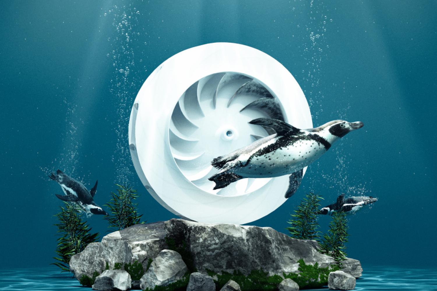 The penguin flipper served as the model for the aerodynamic and slightly curved shape of the fan blades of the bionic radial blower. | Image: Mahle.