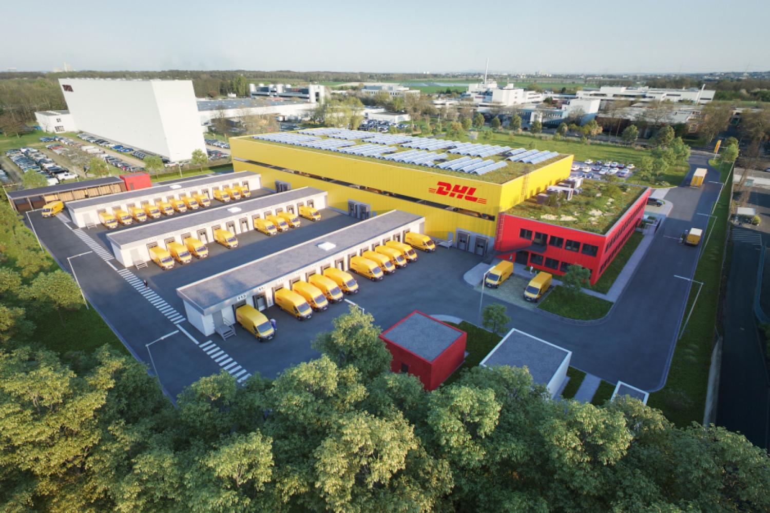 The new 20,000 square meter building of DHL Express will be equipped with state-of-the-art technology and reduce the CO₂ footprint. The new location is about ten kilometers away from the previous site on Escherstraße. Photo: DHL Group