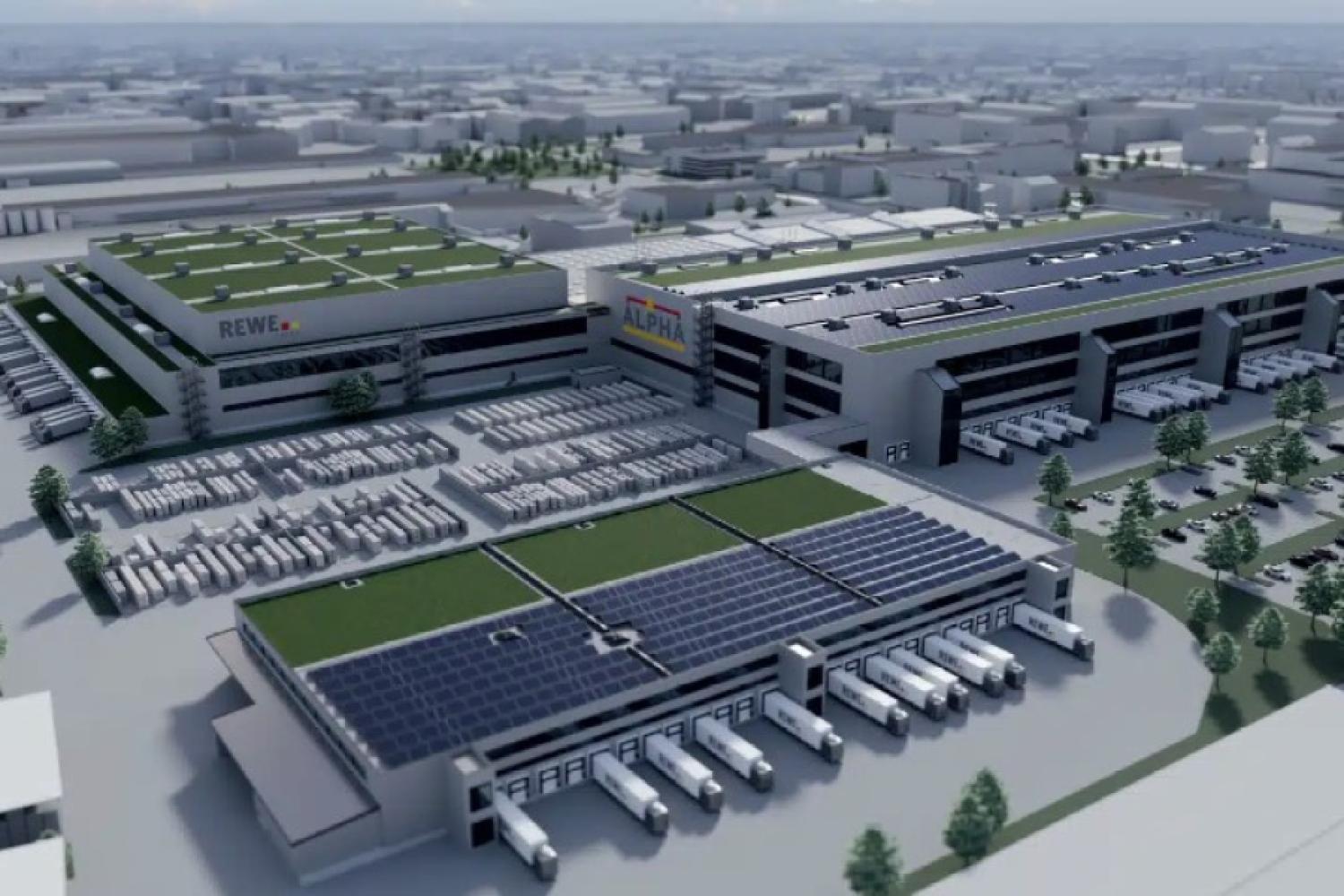 Exclusively on already developed land in Wiener Neudorf, the new centerpiece of Rewe logistics in Austria, the logistics center, will be built by 2030. Pictured is an animation. (Image: Rewe Group)