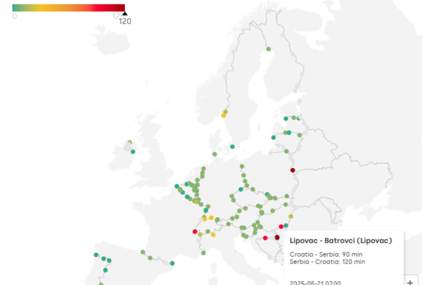 With the new map, which is updated every four hours, Transporeon provides shippers, loaders, and logistics service providers with a tool to monitor waiting times and delays at border crossings. | Image: Transporeon