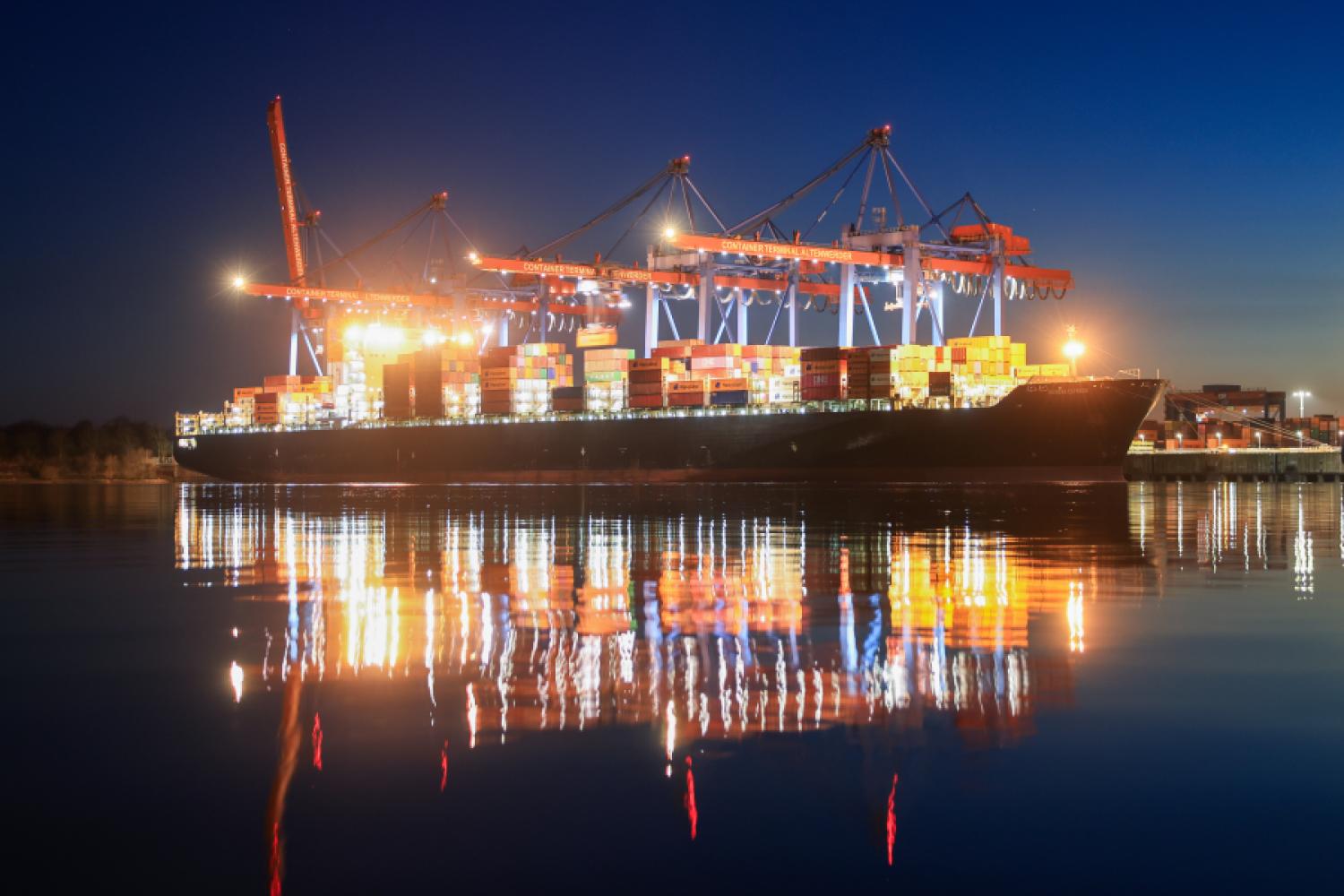 Containership during loading. Sea logistics in the Baltic Sea are endangered by ongoing highly professional attacks on satellite navigation. (Photo: Christian Charisius/dpa)
