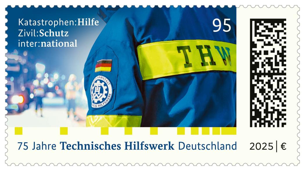 The new special postage stamp from Deutsche Post honors 75 years of the Technical Relief Agency and features the distinctive back badge of the operational clothing. (Photo: THW)