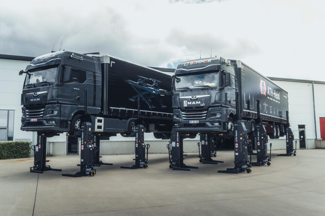 Two trucks from MAN Truck &amp; Bus are lifted with the "ATH RG WB" at the company headquarters of ATH Heinl in Illschwang. | Image: ATH-Heinl