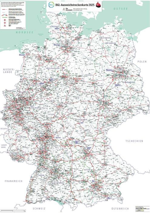Soutien pour les mois d'été : La carte des itinéraires alternatifs du BGL 2025 montre les sections fermées et les itinéraires alternatifs pour les camions – maintenant disponible dans l'application de l'Autobahn GmbH. (Graphique : BGL)