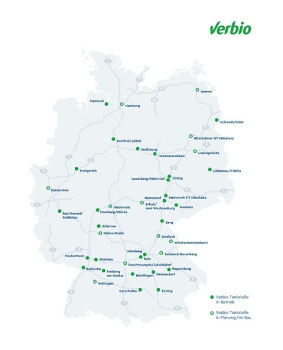 Nationwide, biomethane can be obtained around the clock at more than 30 of its own and partner filling stations. (Graphic: Verbio)