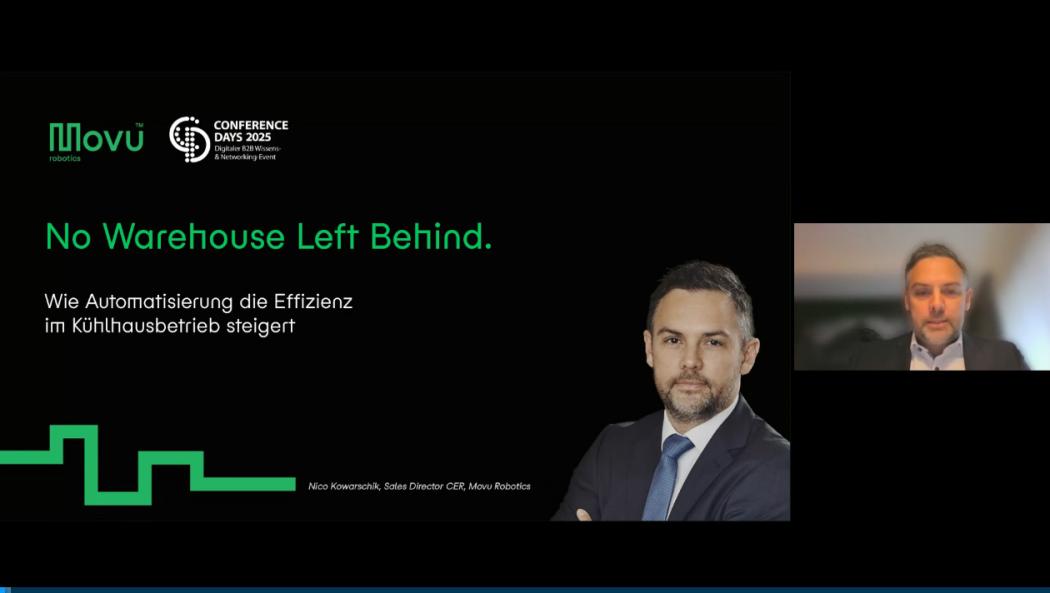 Nico Kowarschik, Sales Director CER at Movu Deutschland GmbH, reported on automation solutions for cold storage logistics at the CONFERENCE DAYS 2025. (Screenshot: HUSS-VERLAG)