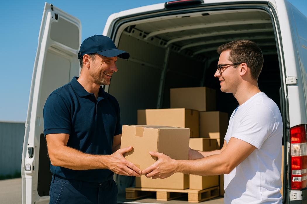 Stock image: A driver delivers a shipment directly to the recipient – a typical scene of a time-critical express assignment in road freight transport. | Photo: AI-generated, DALL-E