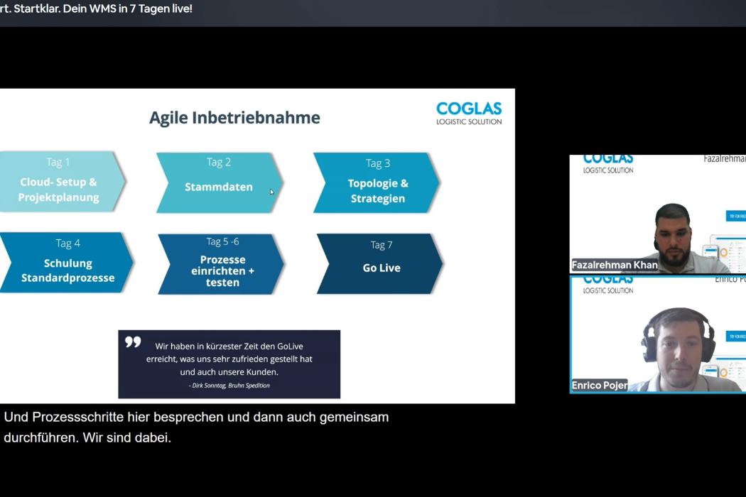 Enrico Pojer, Senior Consultant of Coglas, and his colleague Fazalrehman Khan, Sales Manager, explained at the CONFERENCE DAYS 2025 how the COGLAS WEB WMS can be implemented. (Screenshot: HUSS-VERLAG)