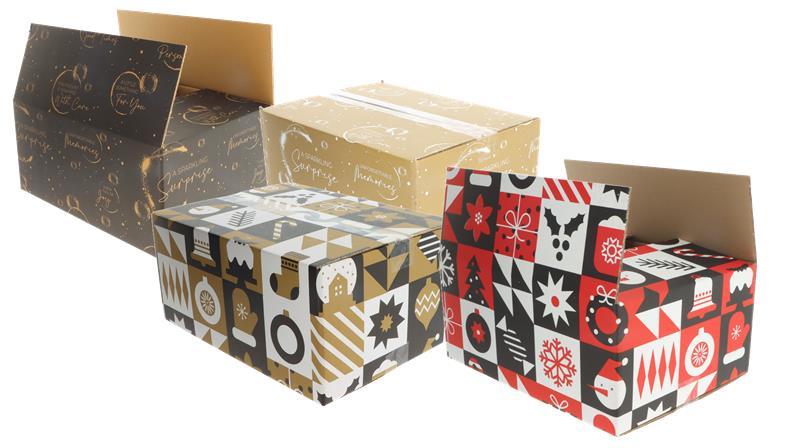 The folding cartons are available from the supplier in the variants 'Bubbles Schwarz', 'Bubbles Gold', 'Christmas Pattern Gold' and 'Christmas Pattern Rot'. (Image: Kaiserkraft)