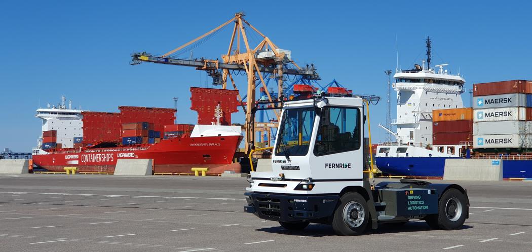 Driverless vehicle from Fernride at the HHLA TK Estonia container terminal – part of the pilot operation for automated handling. (Photo: HHLA/Fernride)