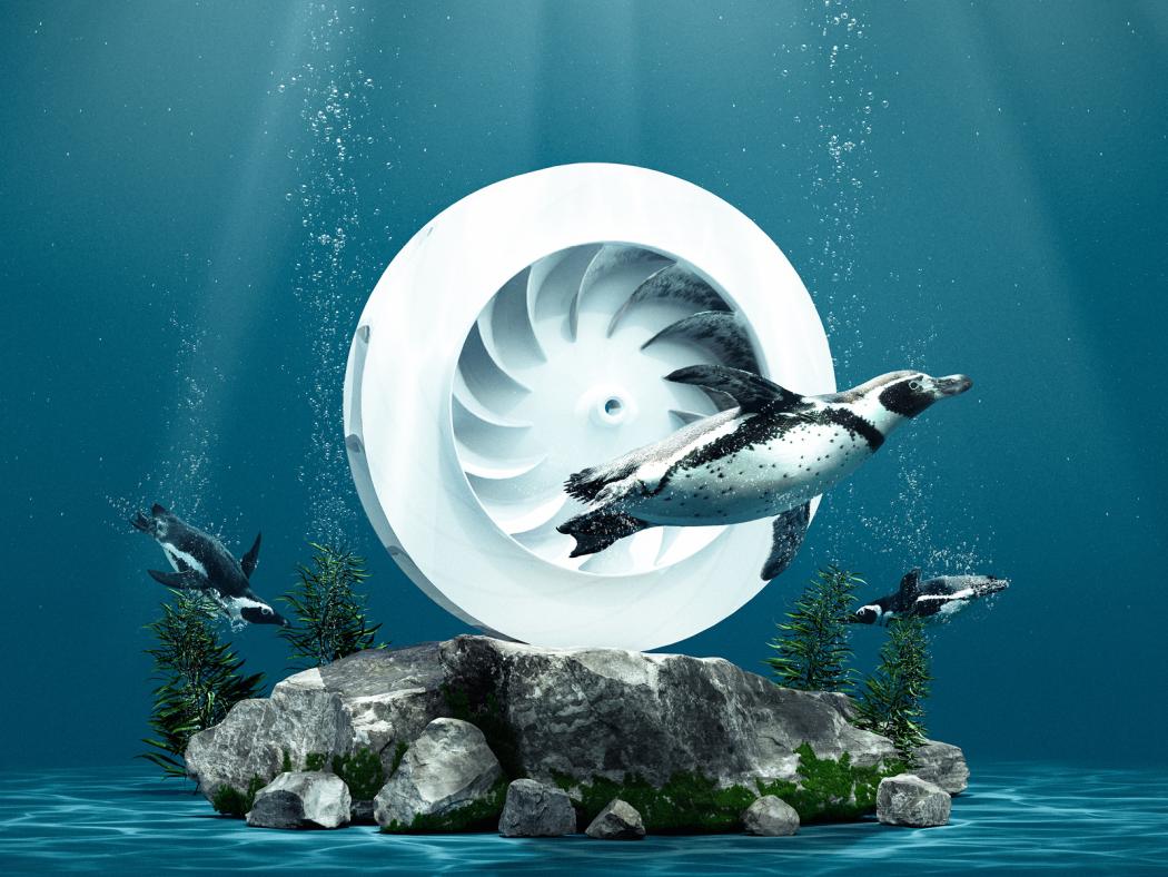 The penguin flipper served as the model for the aerodynamic and slightly curved shape of the fan blades of the bionic radial blower. | Image: Mahle.