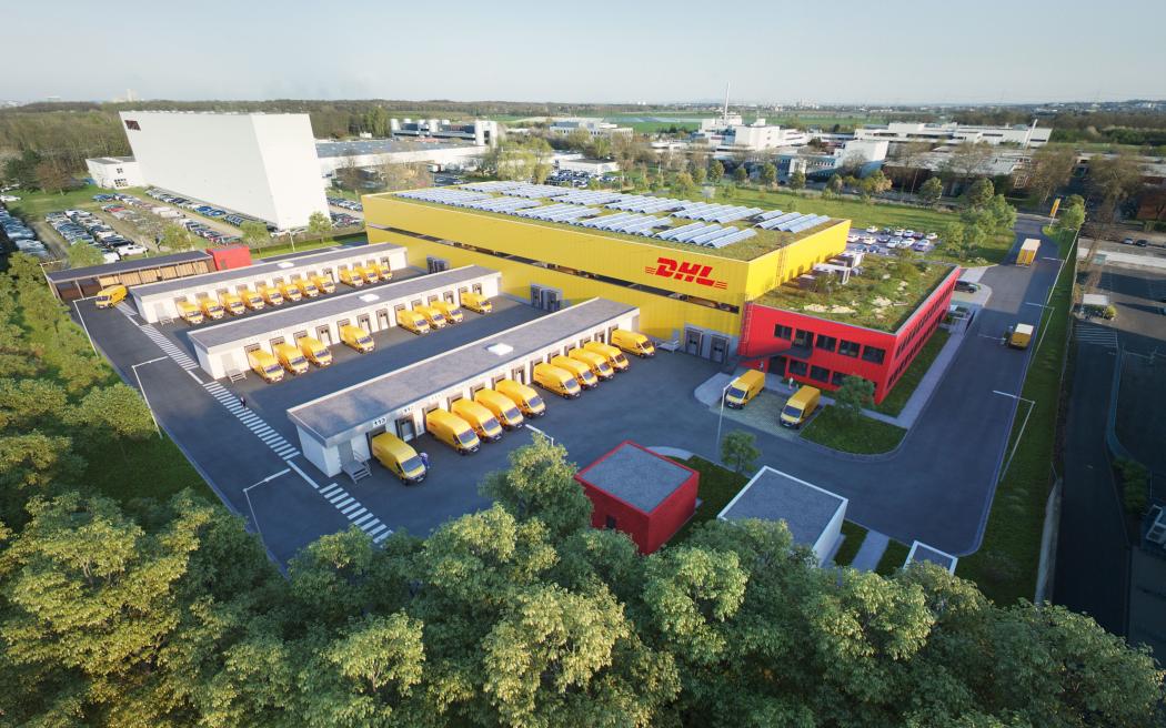 The new 20,000 square meter building of DHL Express will be equipped with state-of-the-art technology and reduce the CO₂ footprint. The new location is about ten kilometers away from the previous site on Escherstraße. Photo: DHL Group
