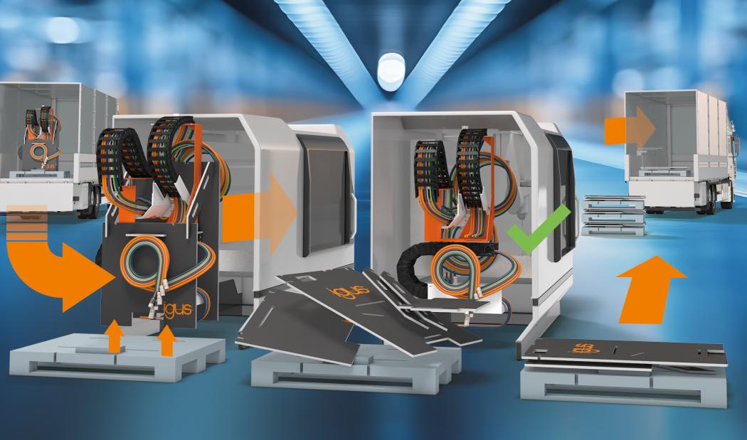 Modular construction kit principle, tool-free assembly and disassembly, and easy handling: The "readychain eco-rack" from Igus optimizes the logistics of pre-assembled energy chain systems. | Image: Igus