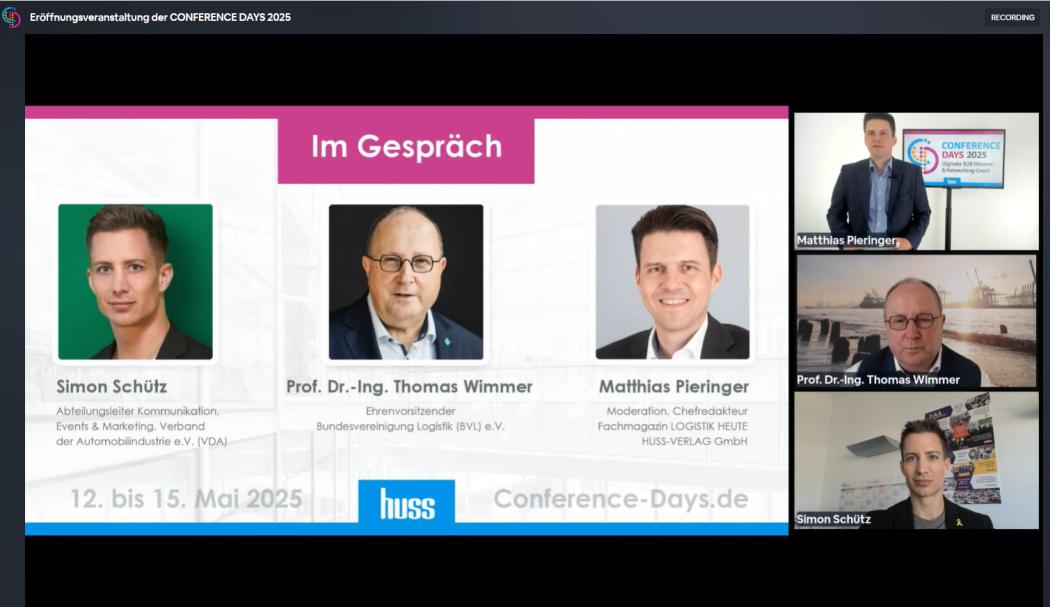 LOGISTIK HEUTE Editor-in-Chief Matthias Pieringer (top) kicked off the CONFERENCE DAYS 2025 by bringing Prof. Dr. Thomas Wimmer (middle), Honorary Chairman of the German Logistics Association (BVL), and Simon Schütz, Head of Communication, Events & Marketing at the German Automobile Industry Association e.V, onto the virtual stage. (Screenshot: HUSS-VERLAG)