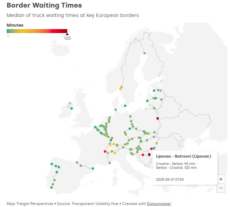 With the new map, which is updated every four hours, Transporeon provides shippers, loaders, and logistics service providers with a tool to monitor waiting times and delays at border crossings. | Image: Transporeon